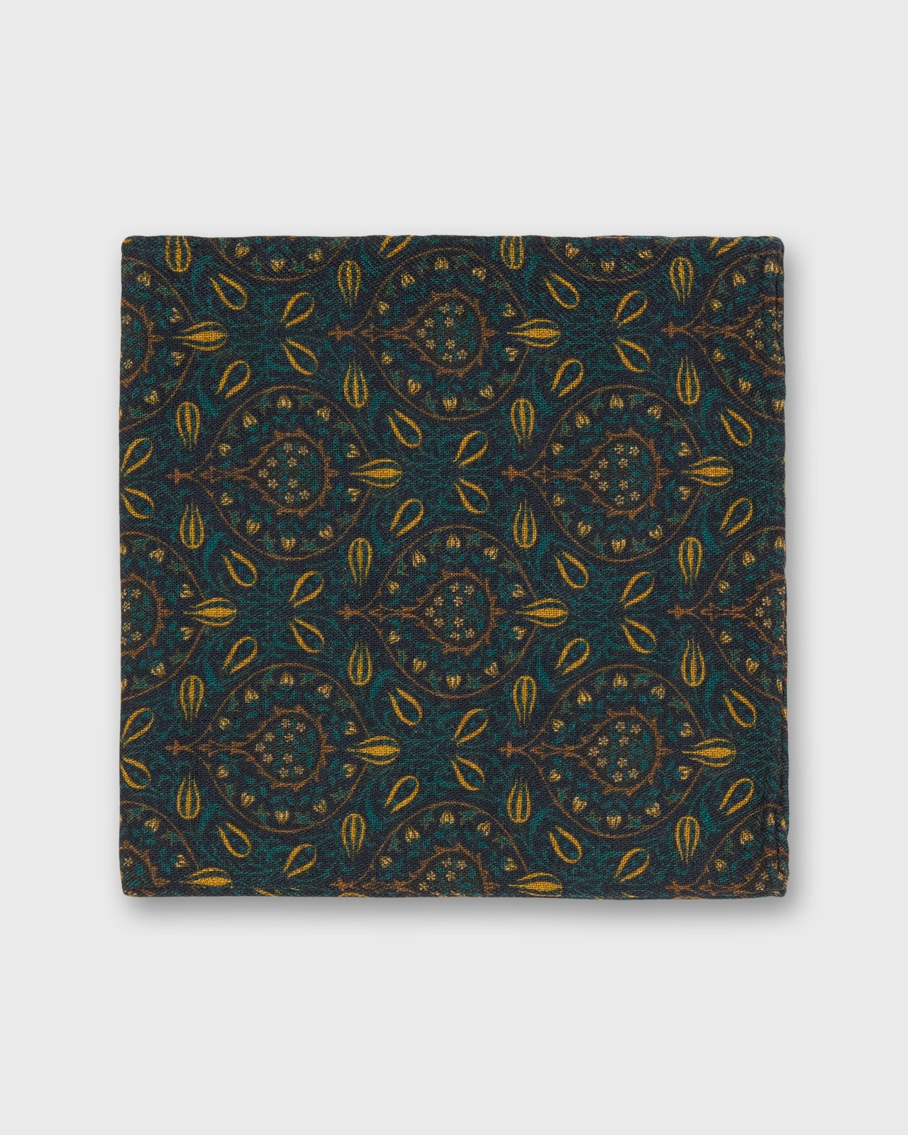 Wool/Silk Pocket Square in Green/Yellow/Tan Tapestry