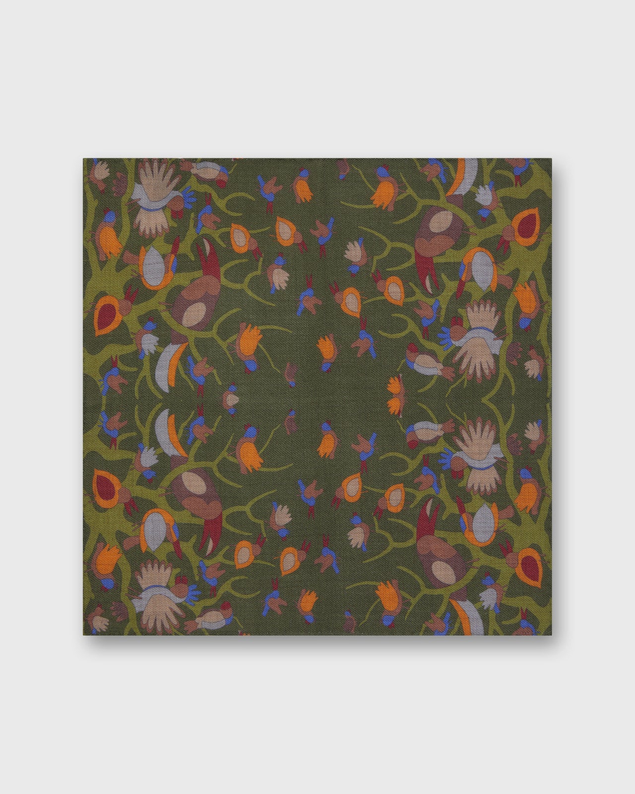 Wool/Silk Pocket Square in Green/Yellow/Blue Birds