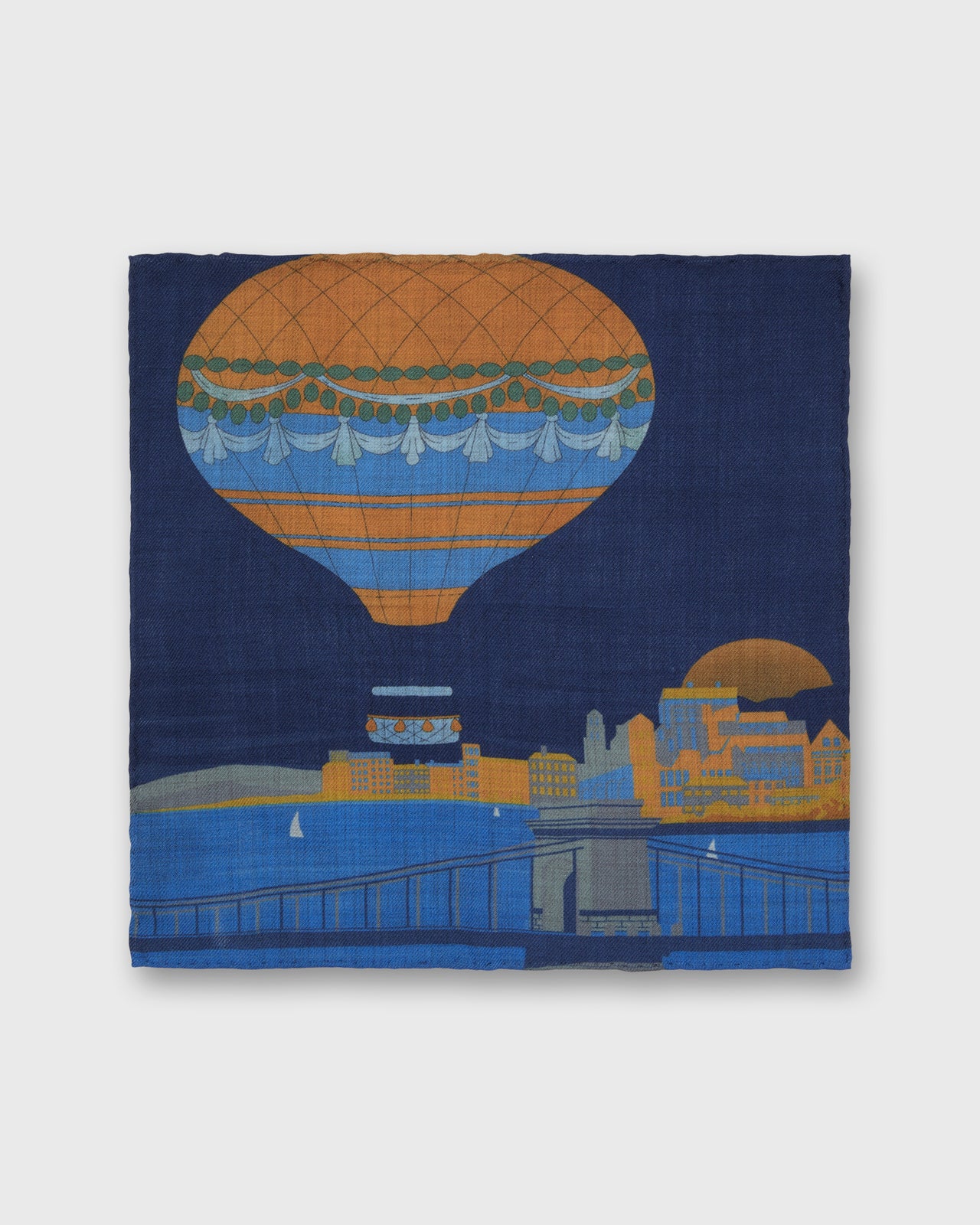 Wool/Silk Pocket Square in Navy/Orange Hot Air Balloon