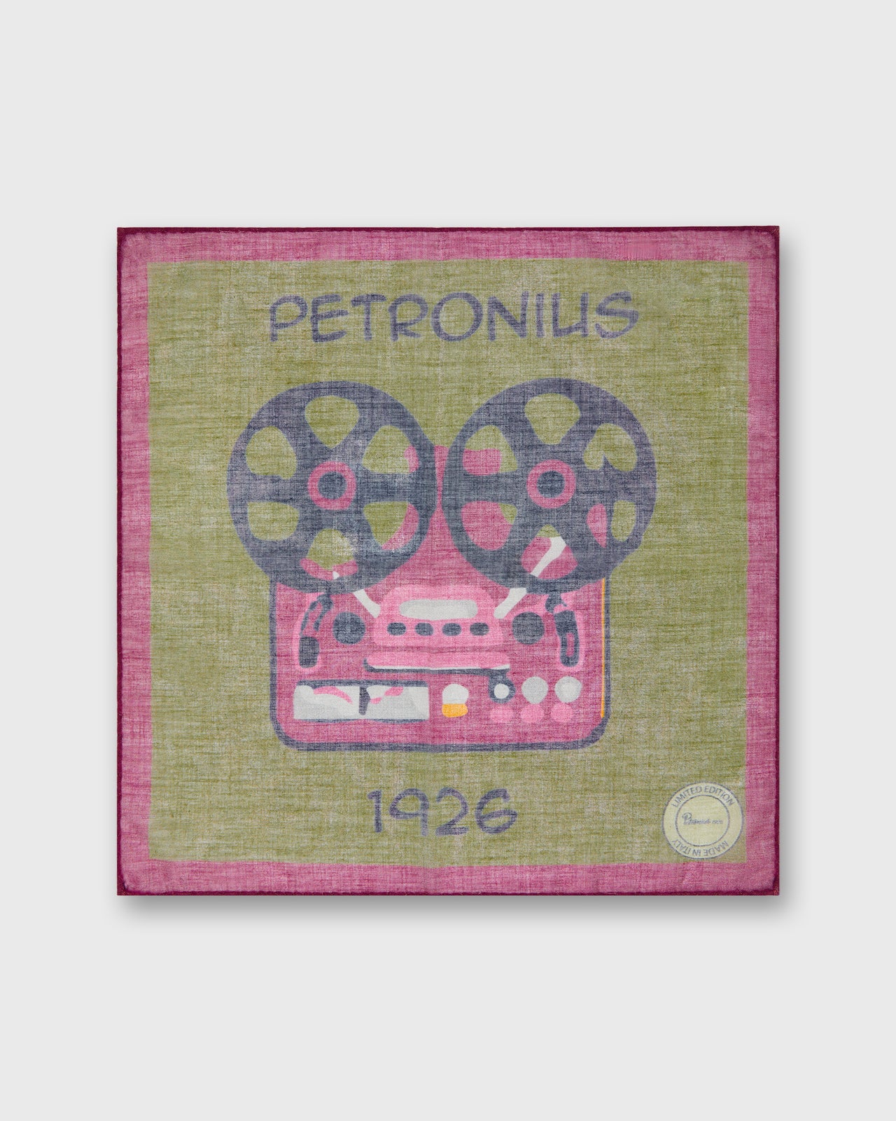Cotton Cashmere Printed Pocket Square in Green/Pink Reel-to-Reel