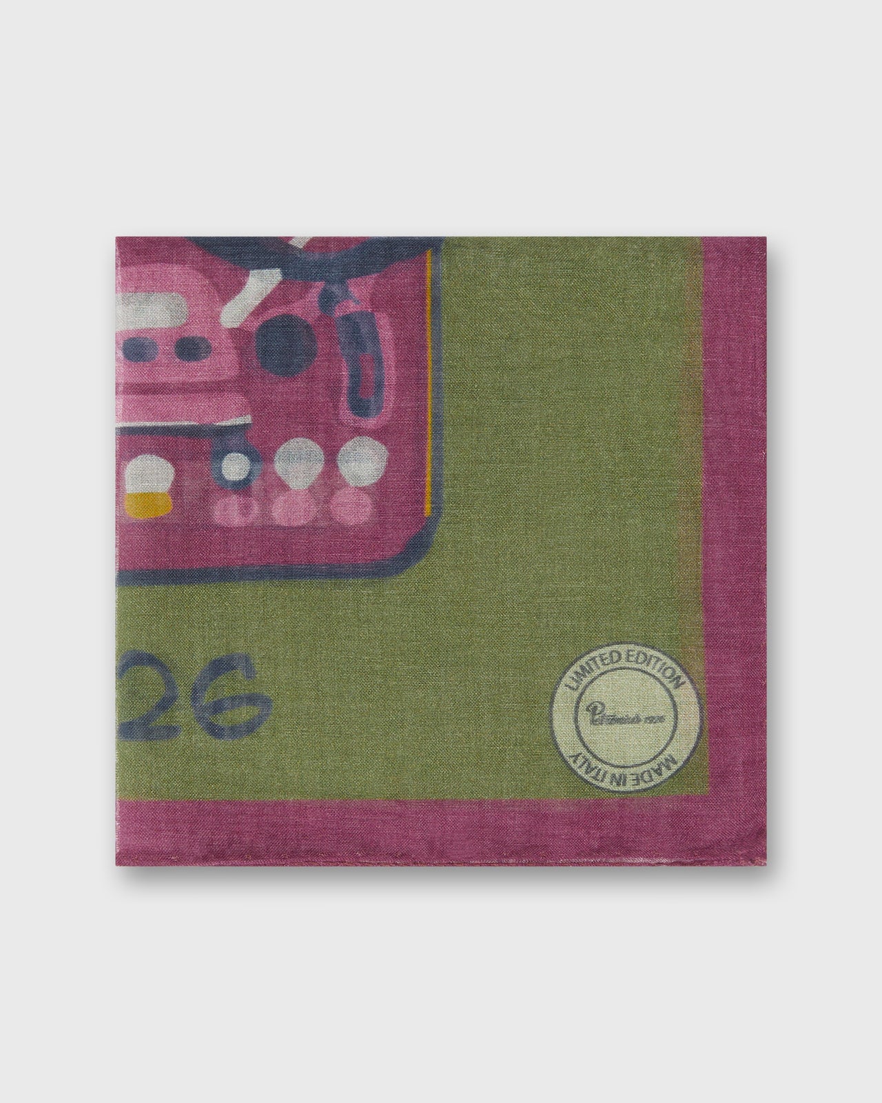 Cotton Cashmere Printed Pocket Square in Green/Pink Reel-to-Reel