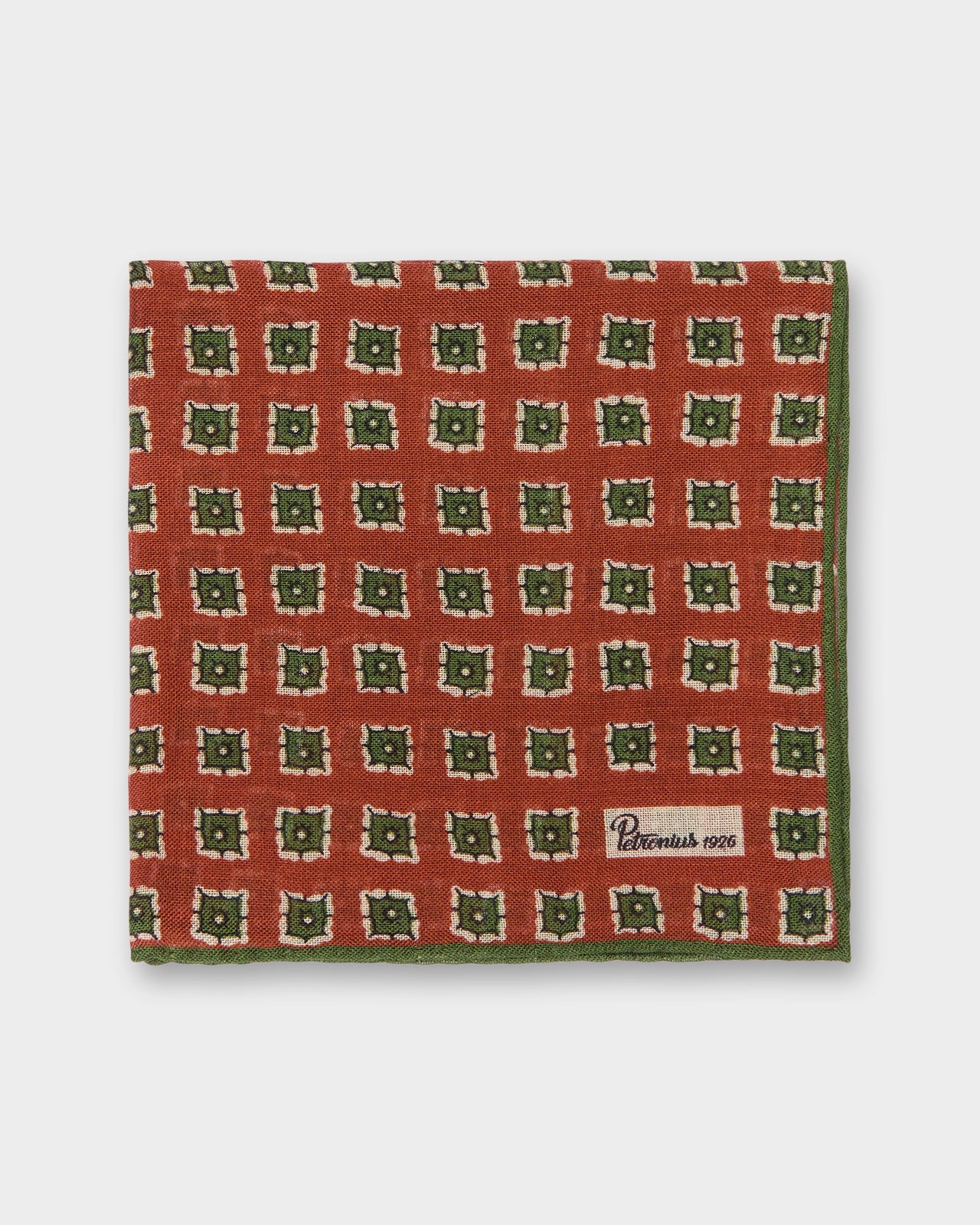 Wool/Silk Pocket Square in Tomato/Olive/Bone Square
