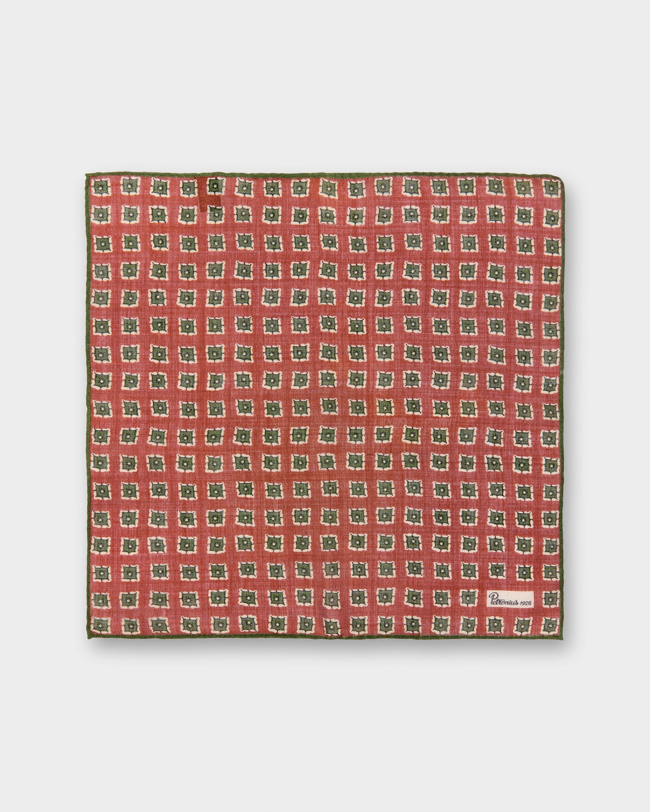 Wool/Silk Pocket Square in Tomato/Olive/Bone Square