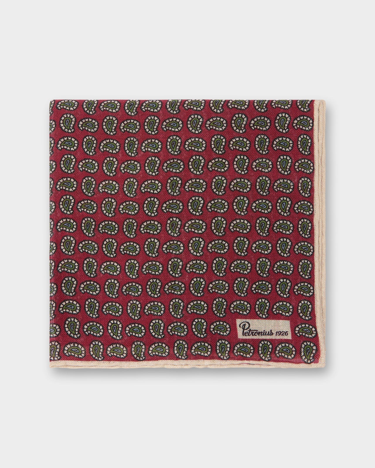Wool/Silk Pocket Square in Red/Olive/Bone Paisley