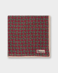Wool/Silk Pocket Square in Red/Olive/Bone Paisley