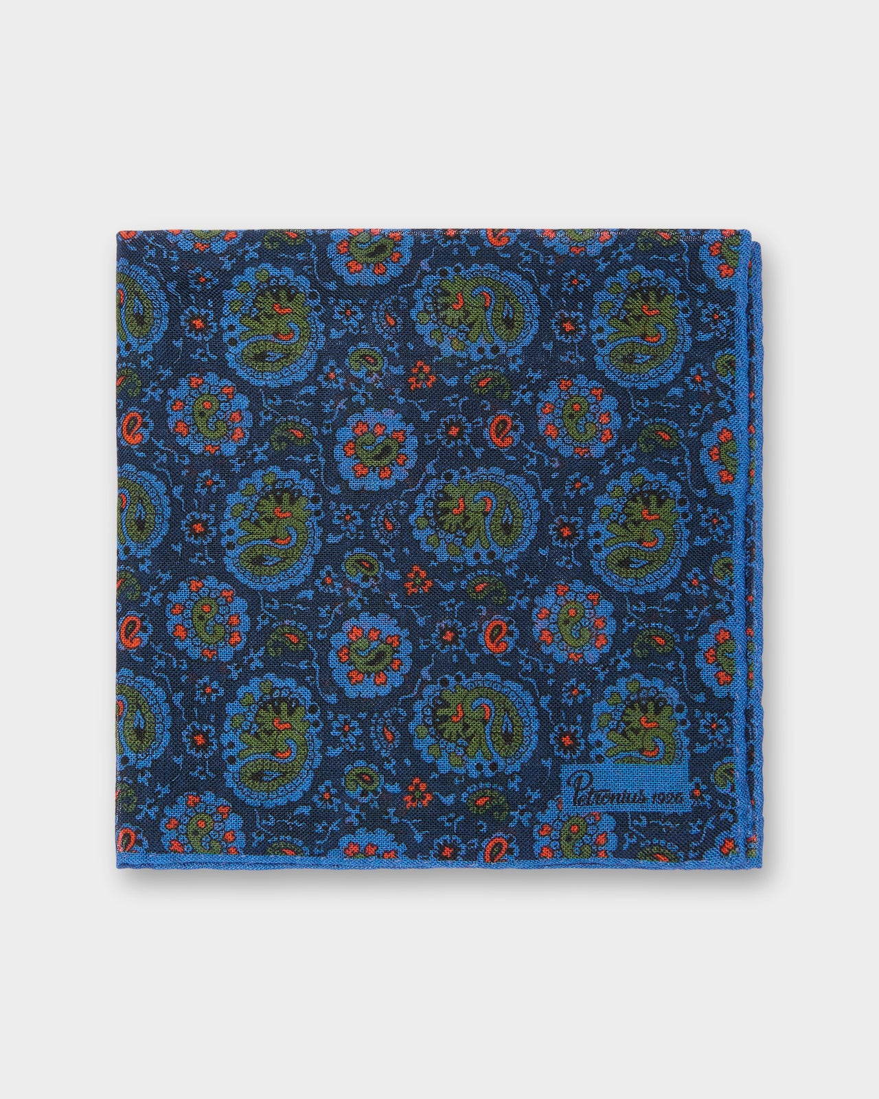 Wool/Silk Pocket Square in Navy/Green/Orange Paisley