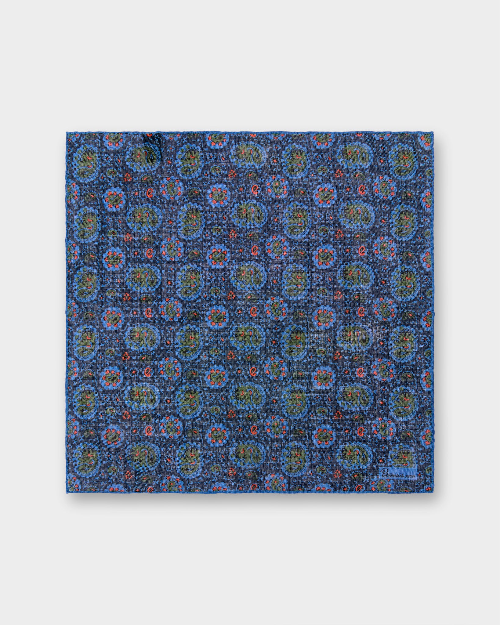 Wool/Silk Pocket Square in Navy/Green/Orange Paisley