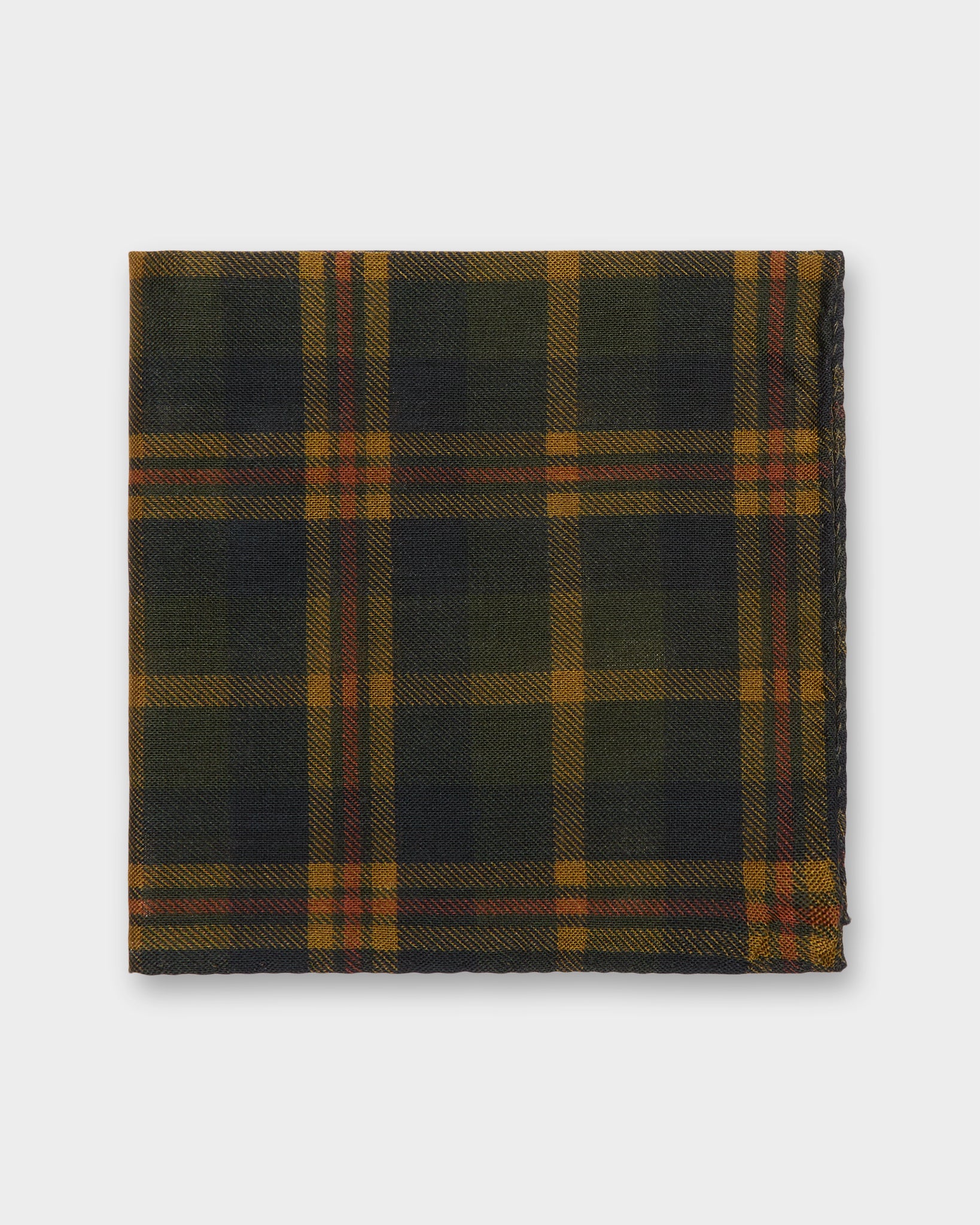 Wool/Silk Pocket Square in Midnight/Gold/Orange Plaid