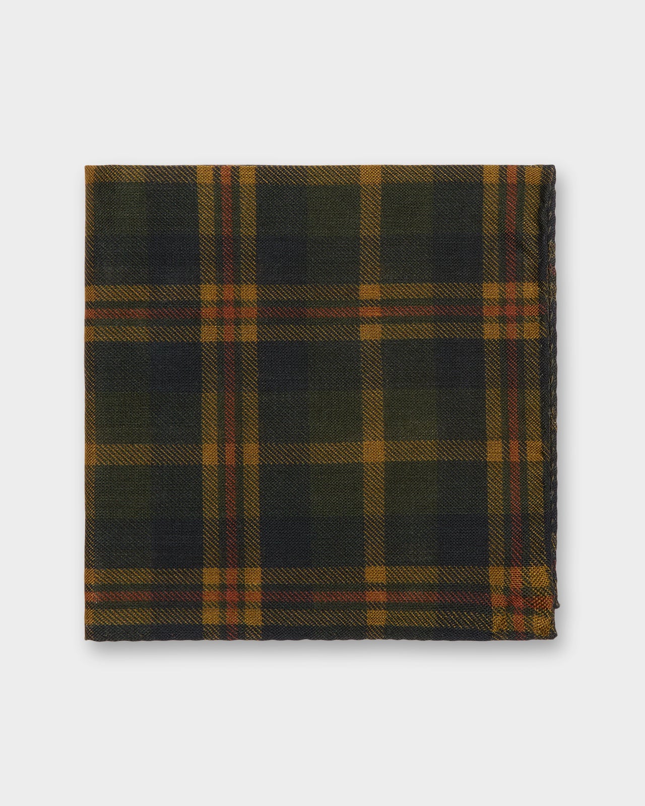 Wool/Silk Pocket Square in Midnight/Gold/Orange Plaid
