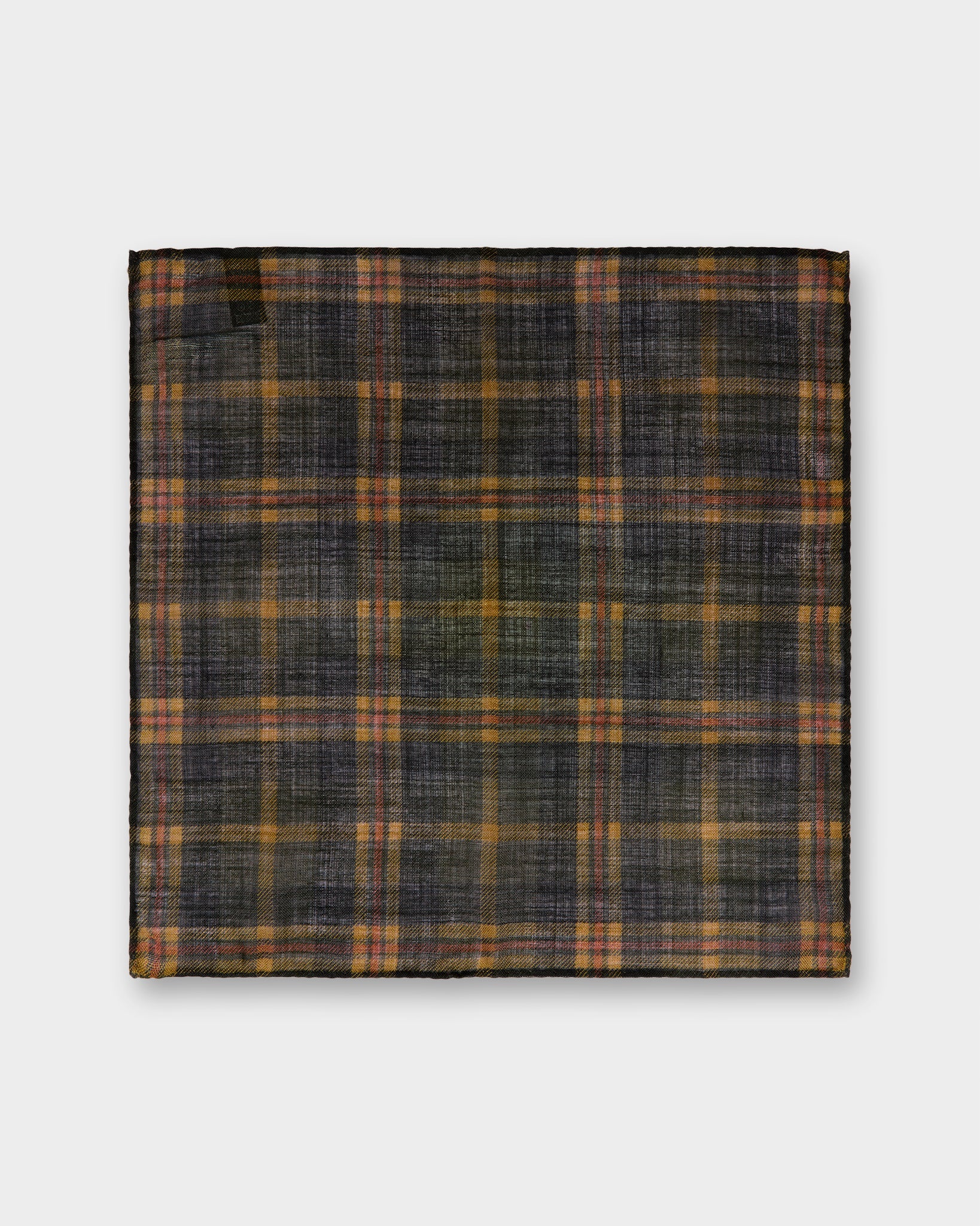 Wool/Silk Pocket Square in Midnight/Gold/Orange Plaid