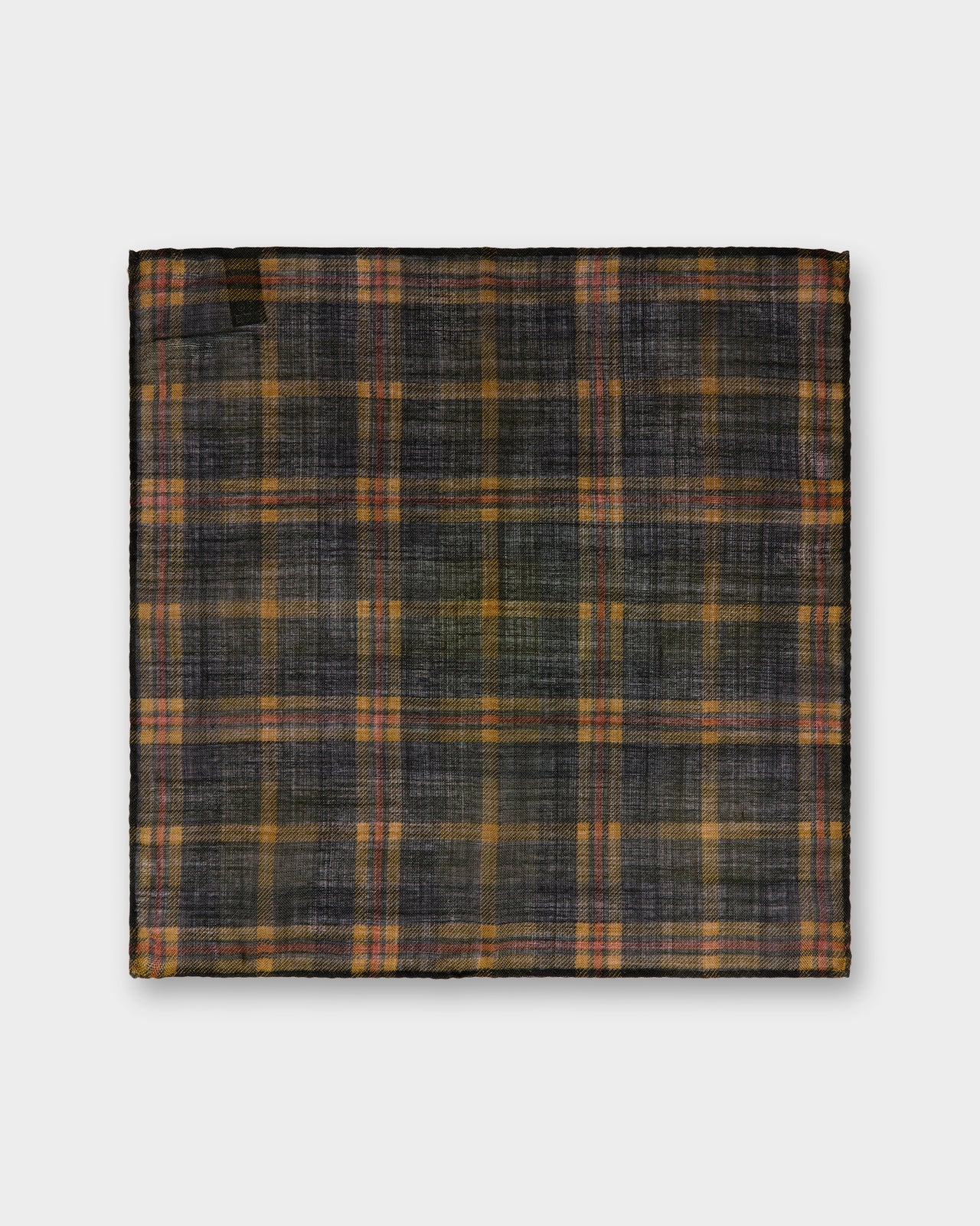 Wool/Silk Pocket Square in Midnight/Gold/Orange Plaid