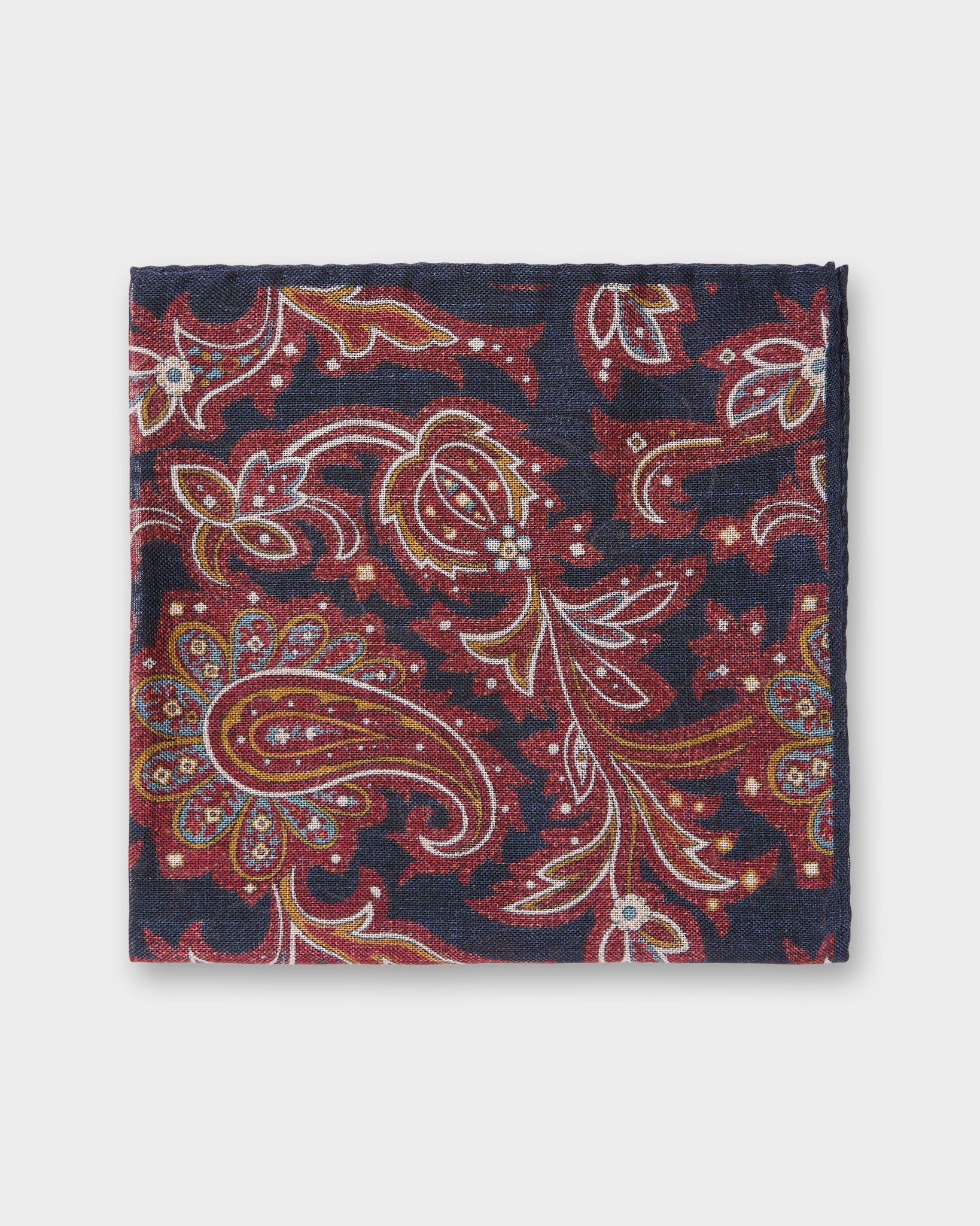 Wool/Silk Pocket Square in Navy/Rust/Camel Paisley