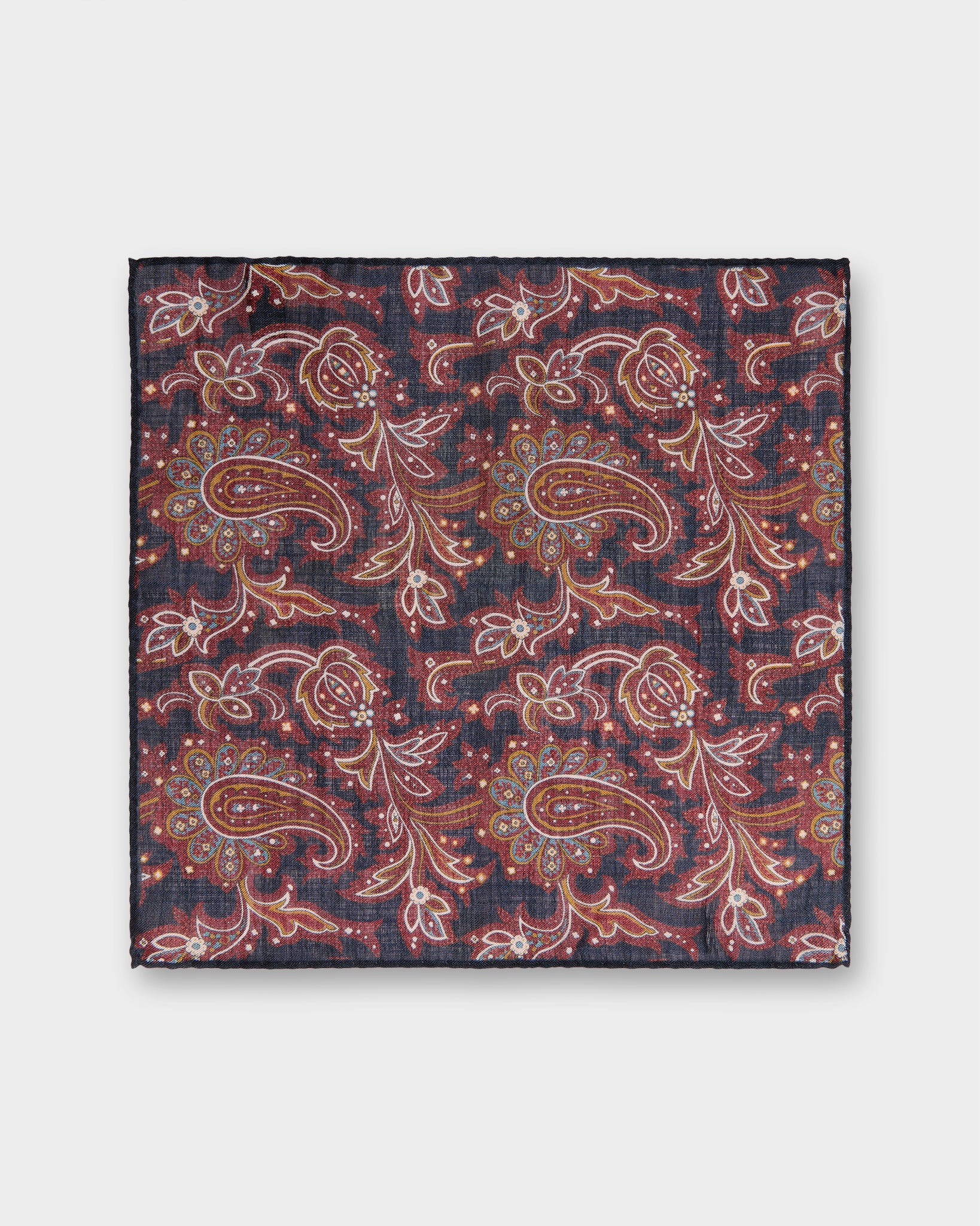 Wool/Silk Pocket Square in Navy/Rust/Camel Paisley