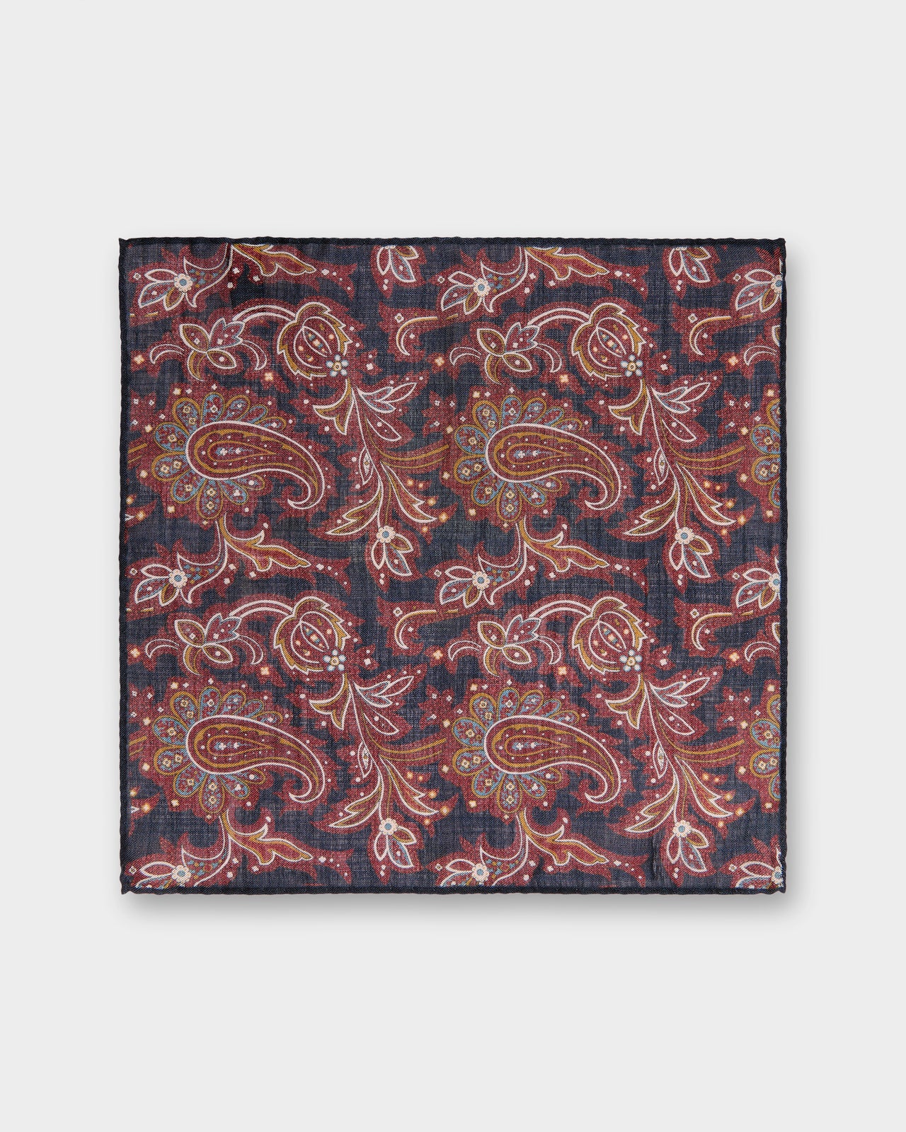 Wool/Silk Pocket Square in Navy/Rust/Camel Paisley
