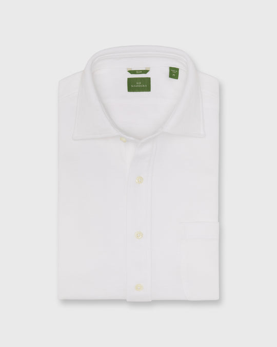 Knit Slim Fit Spread Collar Shirt in White Pima Pique