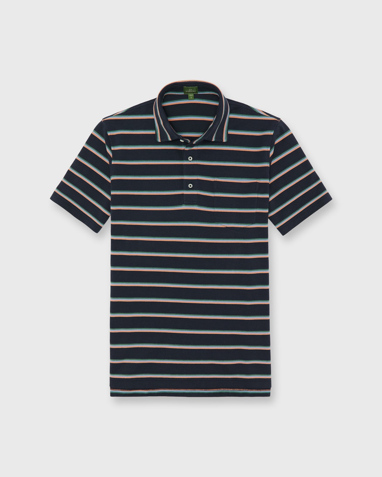 Short-Sleeved Polo in Navy/Peach/Green Stripe Pima Pique