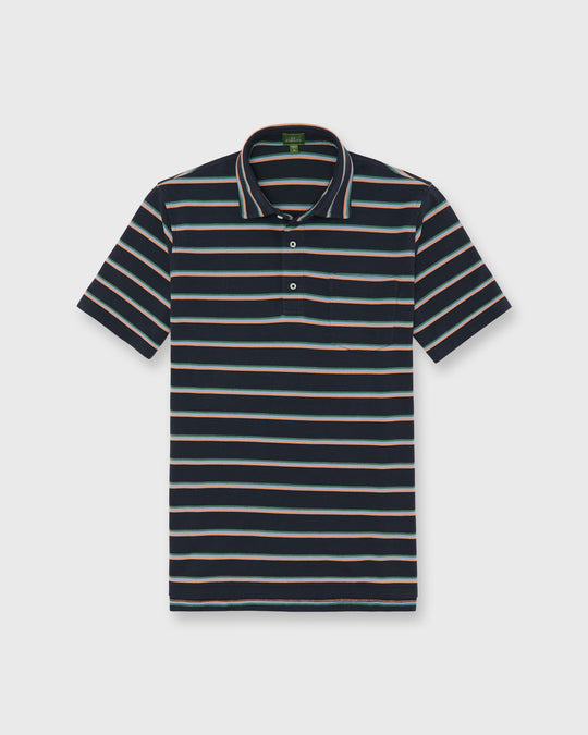 Short-Sleeved Polo in Navy/Peach/Green Stripe Pima Pique