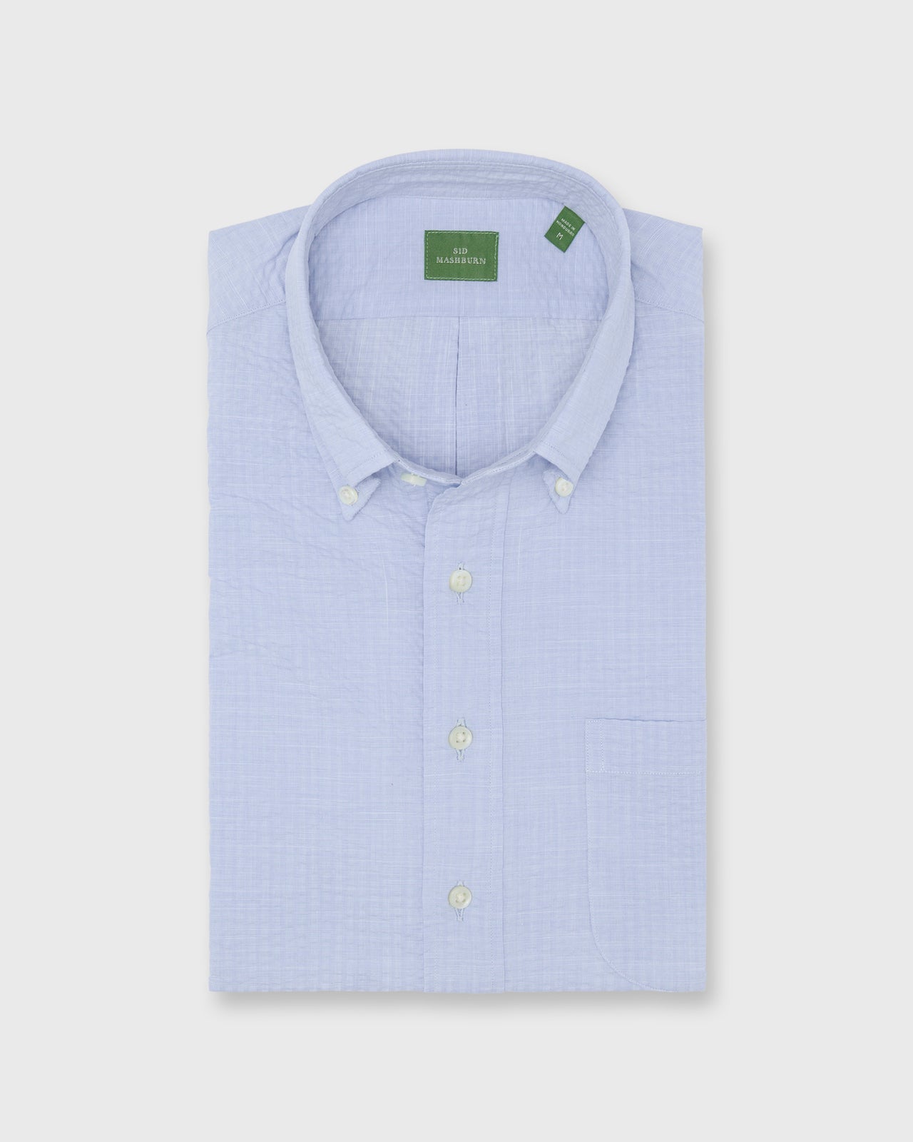 Short-Sleeved Button-Down Popover Sport Shirt in Blue Seersucker Chambray