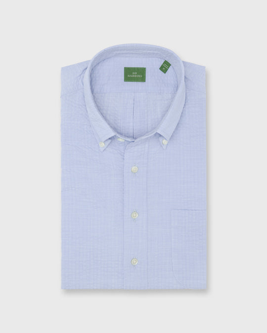 Short-Sleeved Button-Down Popover Sport Shirt in Blue Seersucker Chambray