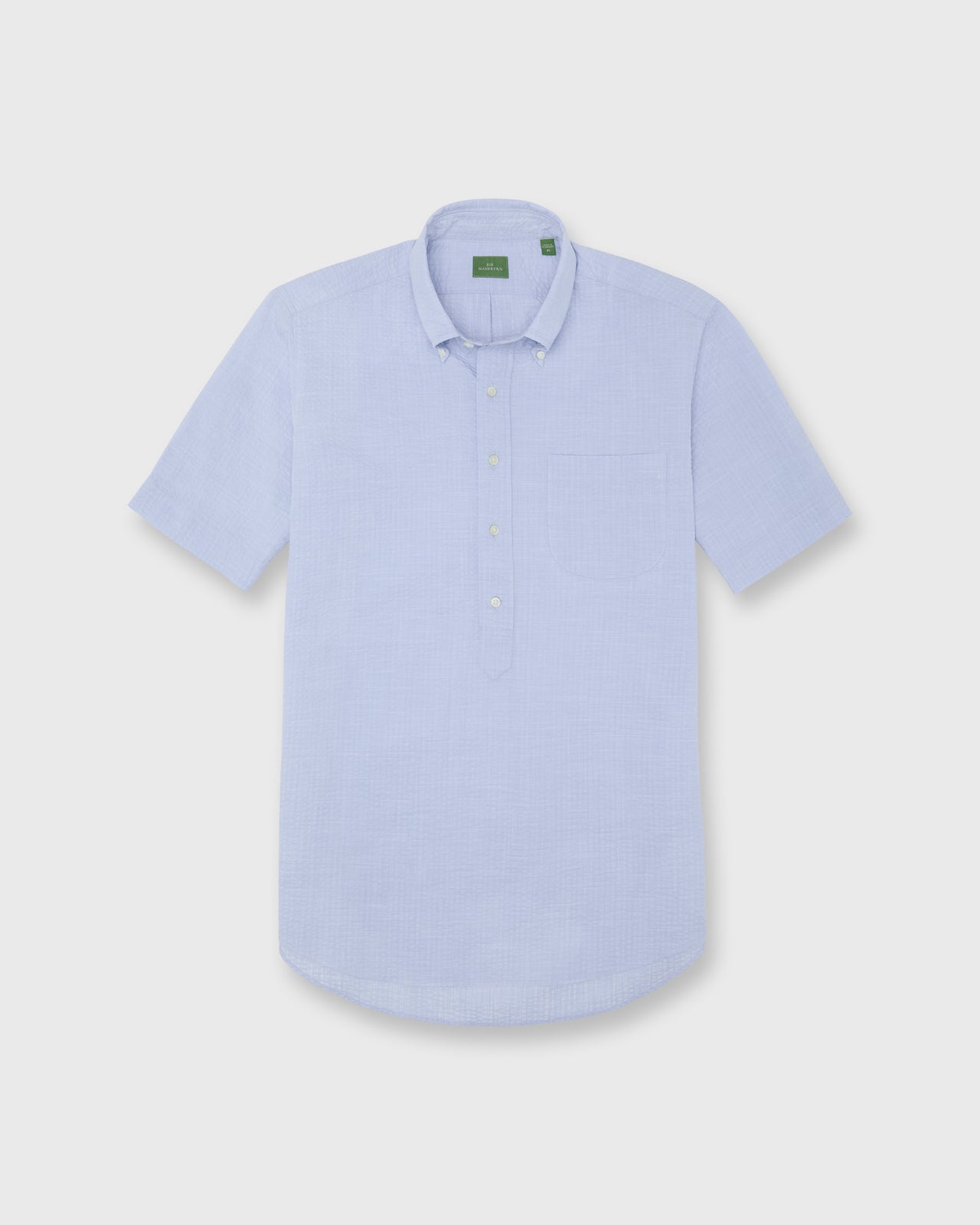 Short-Sleeved Button-Down Popover Sport Shirt in Blue Seersucker Chambray