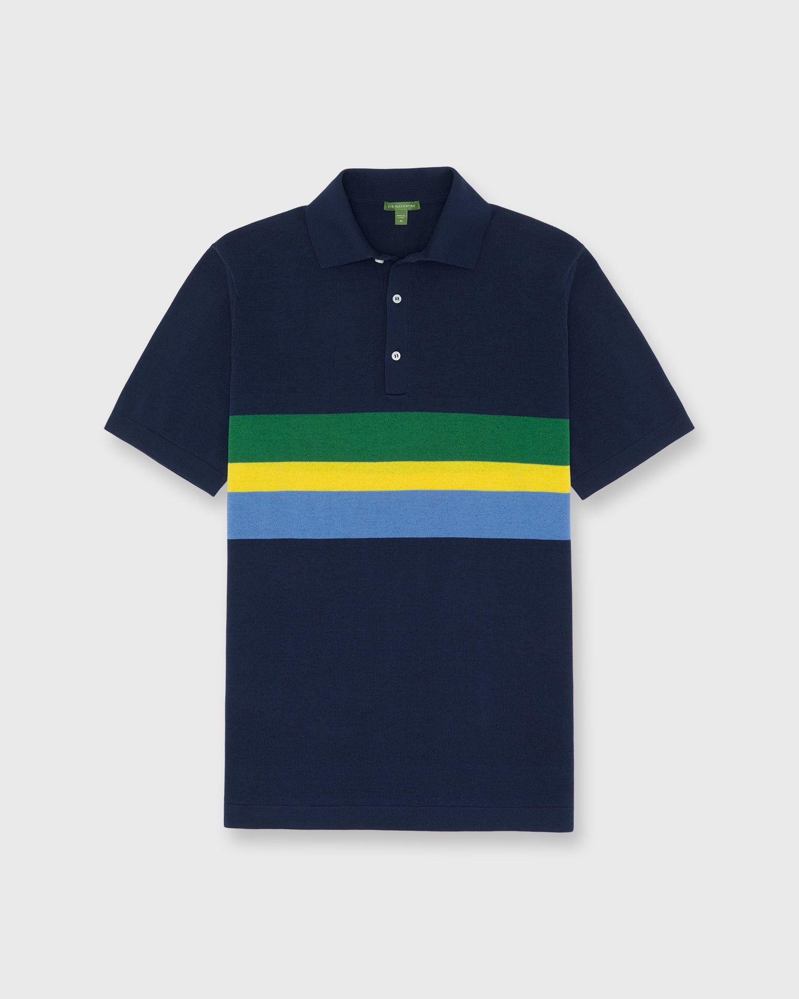 Rally Polo Sweater in Navy/Green/Gold Stripe Cotton | Shop Sid