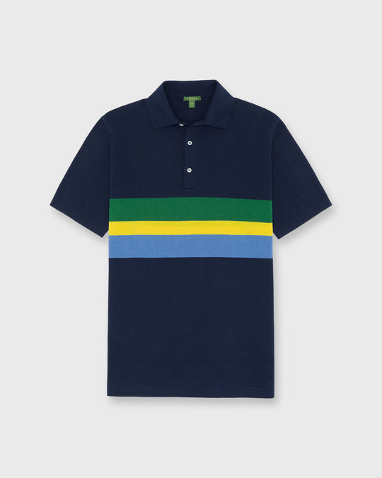 Rally Polo Sweater in Navy/Green/Gold Stripe Cotton