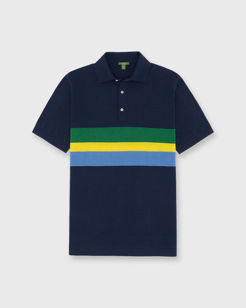 Rally Polo Sweater in Navy/Green/Gold Stripe Cotton | Shop Sid