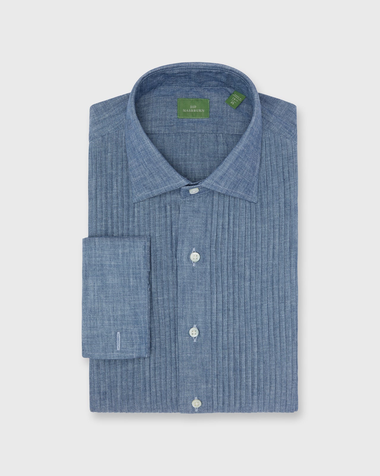 French-Cuff Pleated Bib-Front Tuxedo Shirt in Extra Light Washed Chamb