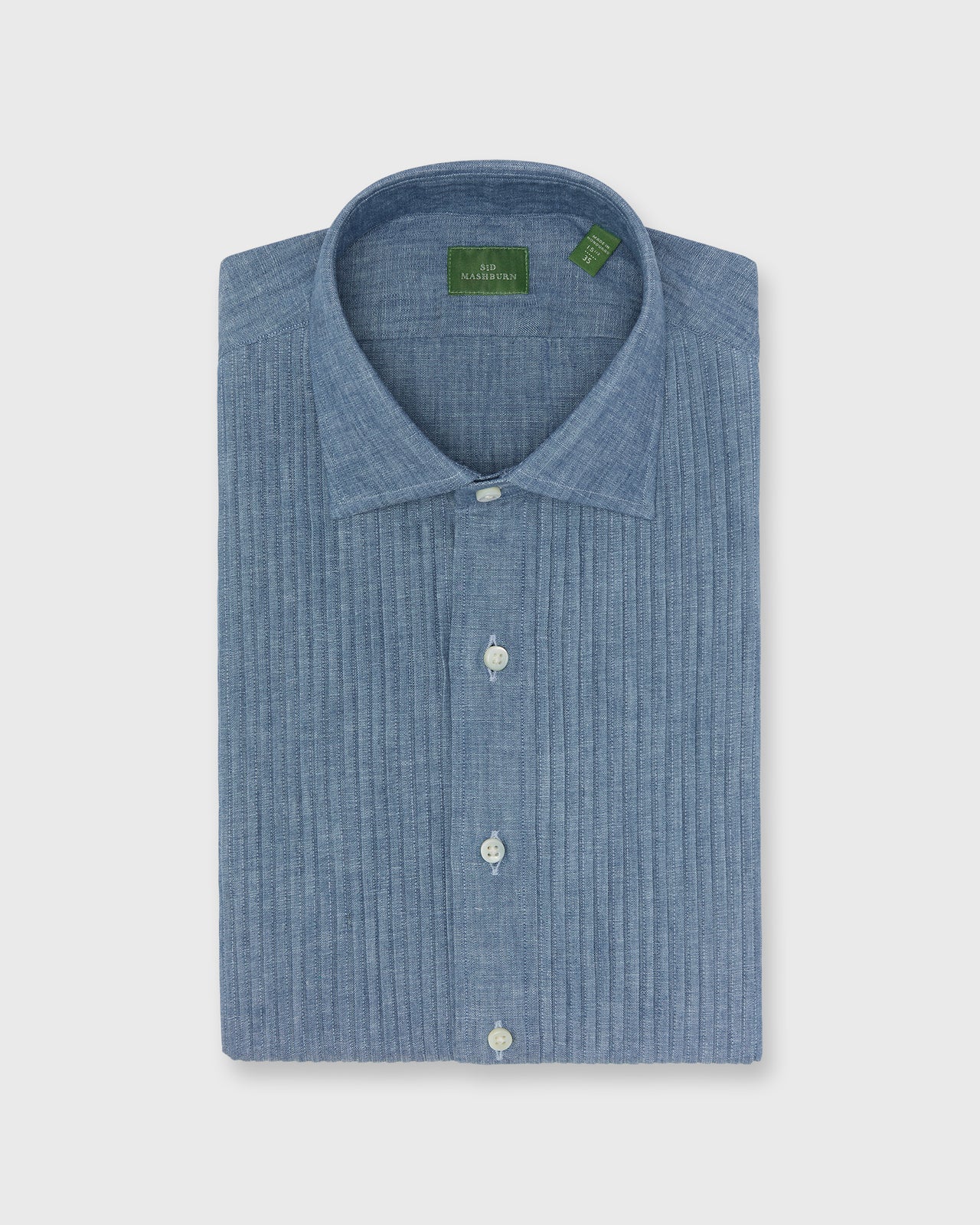 French-Cuff Pleated Bib-Front Tuxedo Shirt in Extra Light Washed Chambray