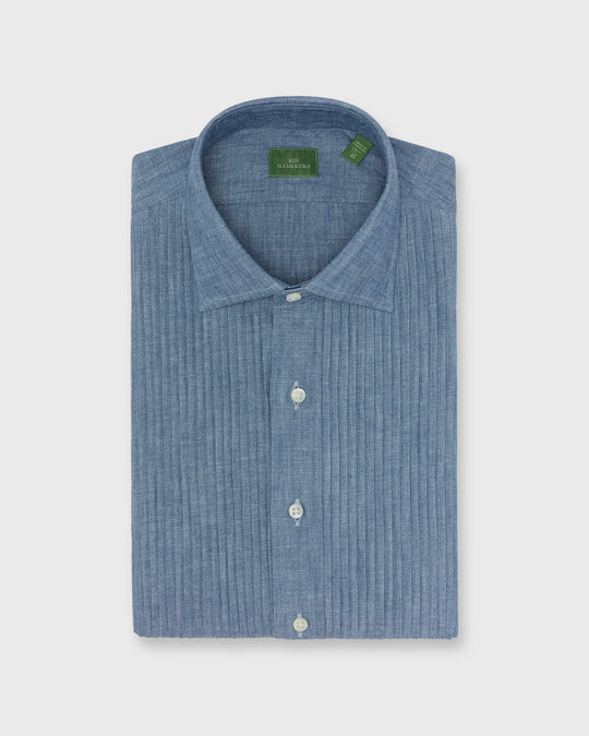 French-Cuff Pleated Bib-Front Tuxedo Shirt in Extra Light Washed Chambray