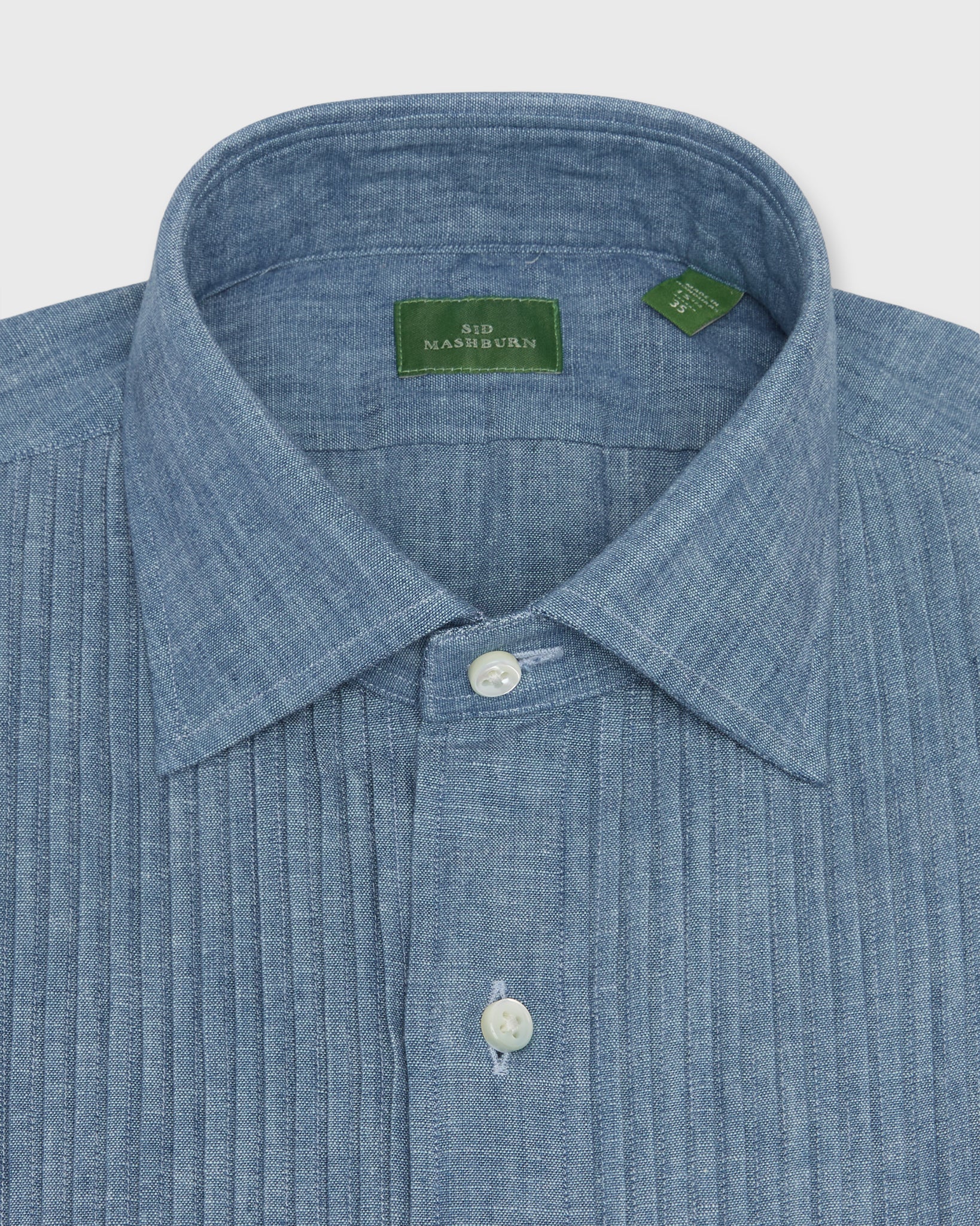 French-Cuff Pleated Bib-Front Tuxedo Shirt in Extra Light Washed Chamb