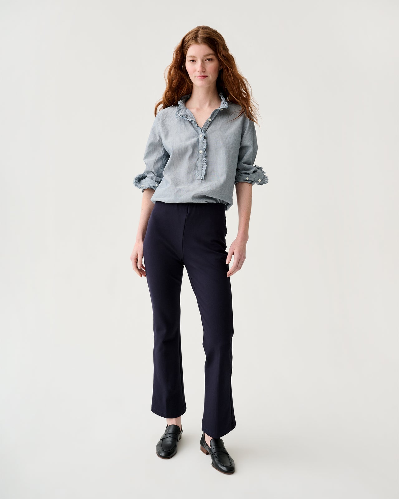 Frill Shirt in Indigo Pinstripe Lightweight Chambray | Shop Ann Mashburn Frill Shirt in Indigo Pinstripe Lightweight Chambray | Shop Ann Mashburn