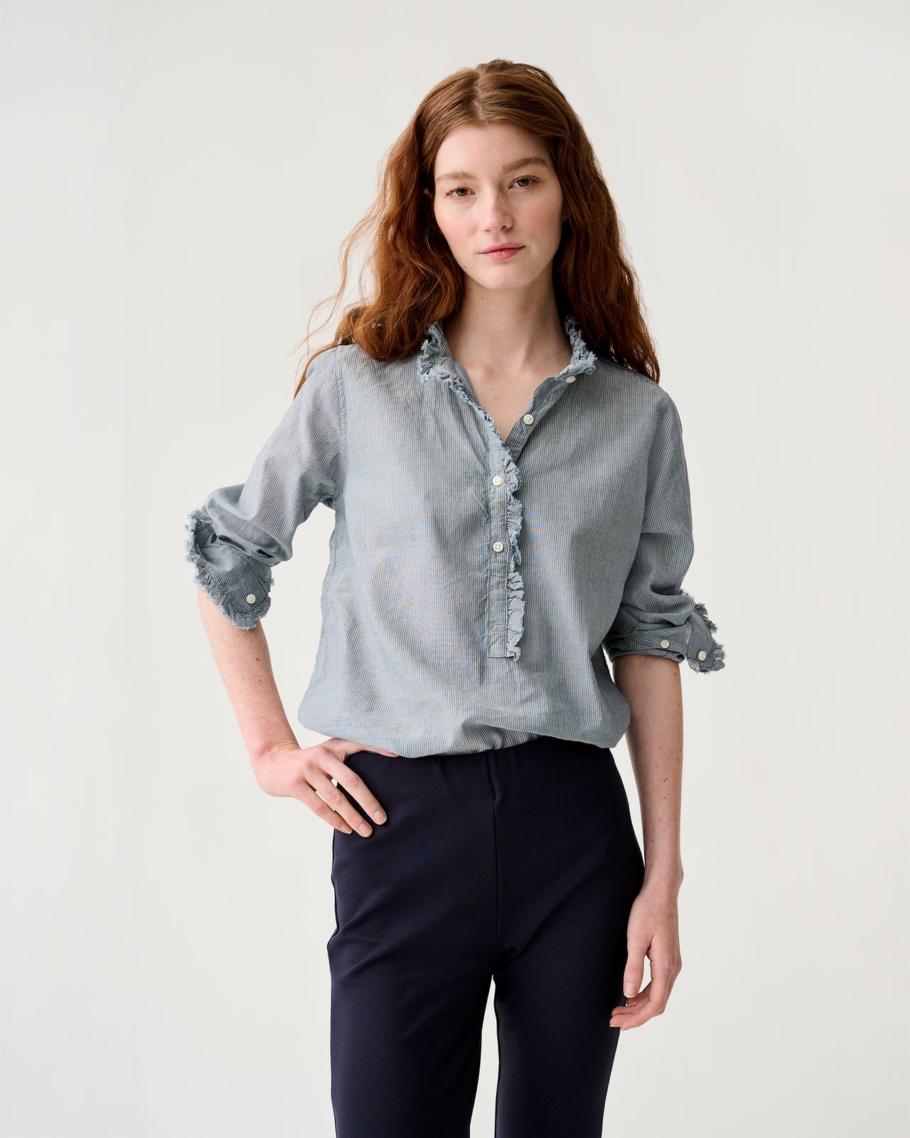 Frill Shirt in Indigo Pinstripe Lightweight Chambray | Shop Ann Mashburn Frill Shirt in Indigo Pinstripe Lightweight Chambray | Shop Ann Mashburn