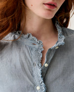 Load image into Gallery viewer, Frill Shirt in Indigo Pinstripe Lightweight Chambray
