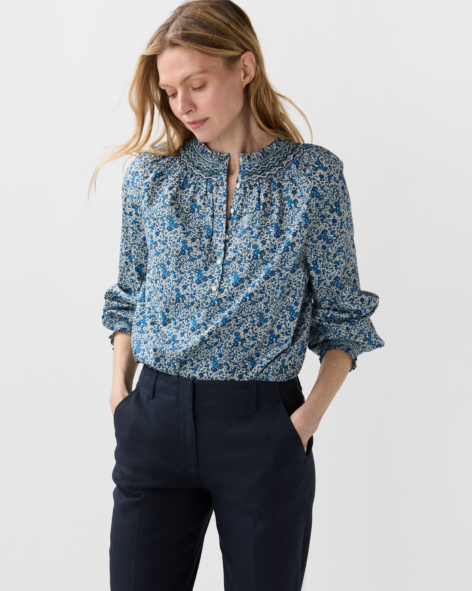 Christine Smocking Top in Blue Emma And Georgina Liberty Fabric