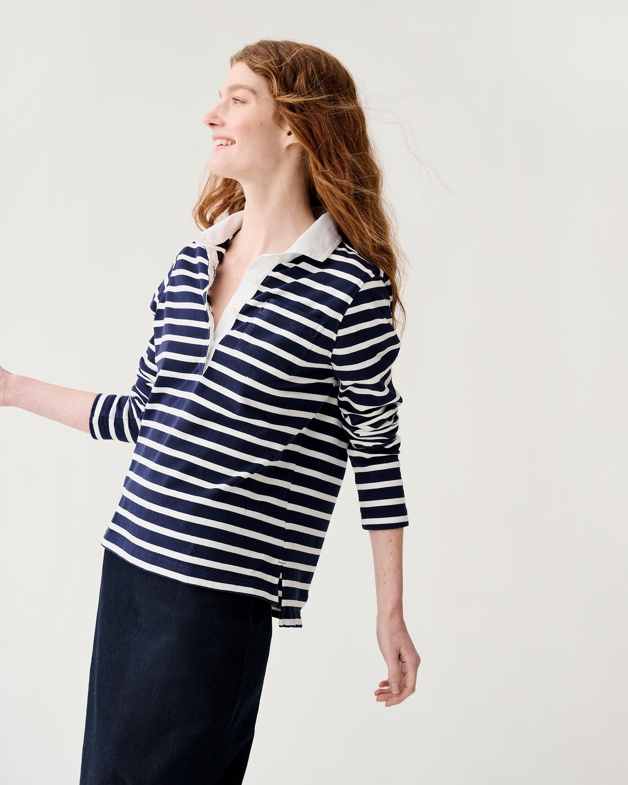 Franny Rugby Polo in Navy/White Heavy Jersey