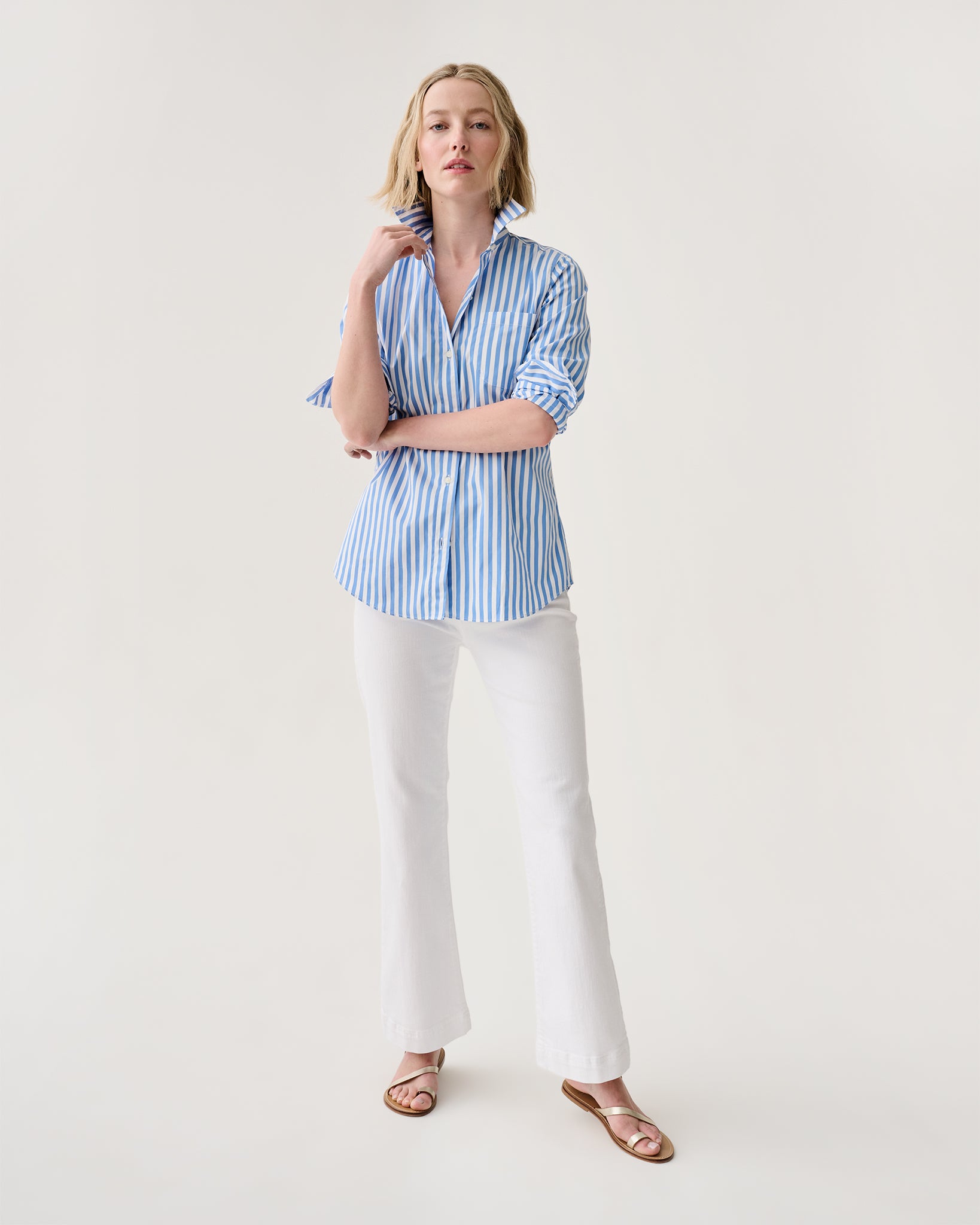 Sidney Shirt in Blue/White Awning Stripe Poplin | Shop Ann Mashburn