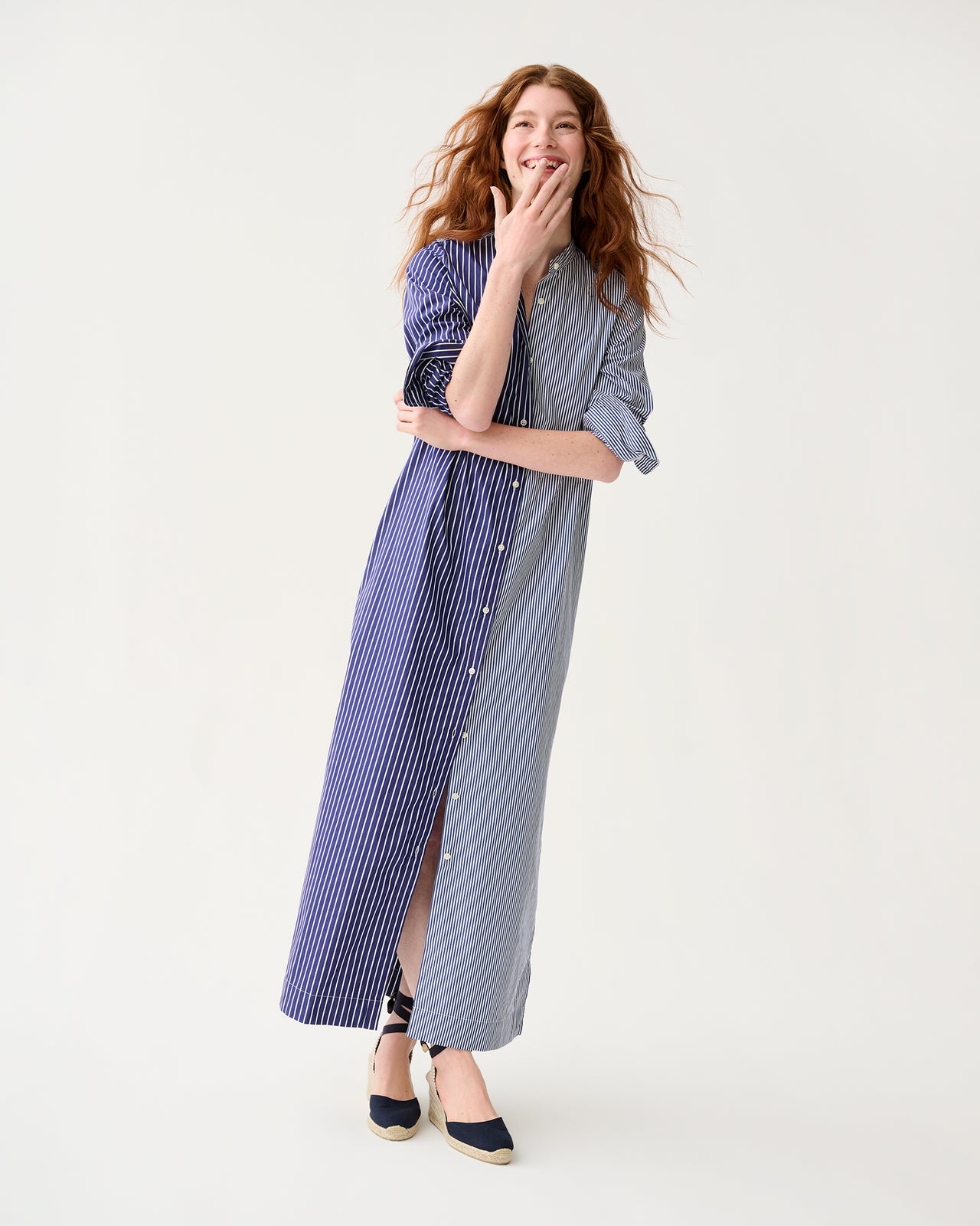 Mandarin Talitha Shirtdress in Navy/White Mixed Stripe Poplin