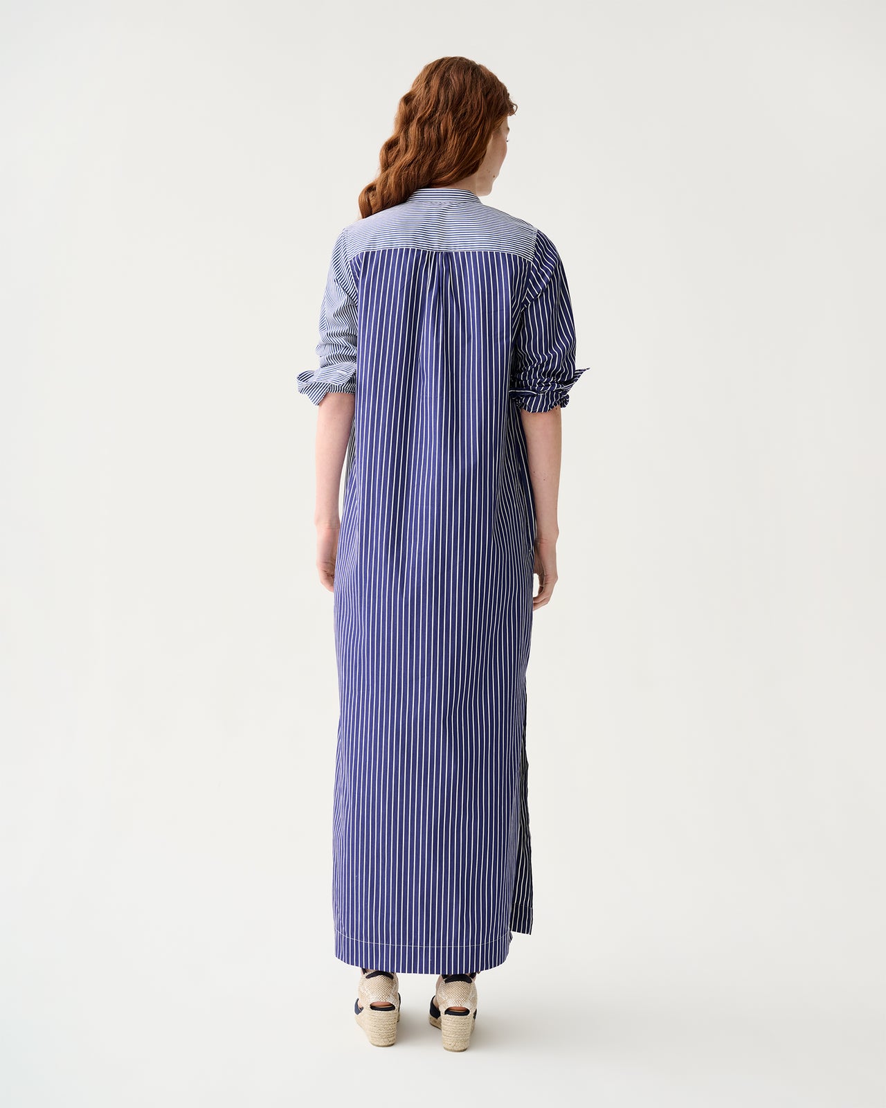 Mandarin Talitha Shirtdress in Navy/White Mixed Stripe Poplin
