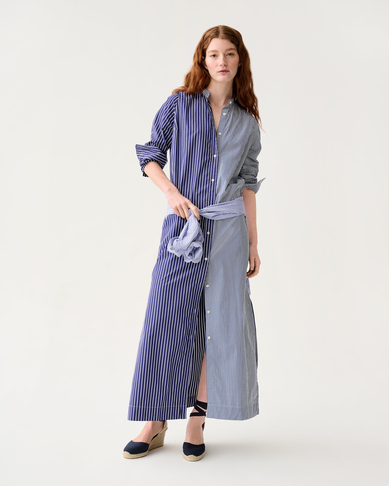 Mandarin Talitha Shirtdress in Navy/White Mixed Stripe Poplin