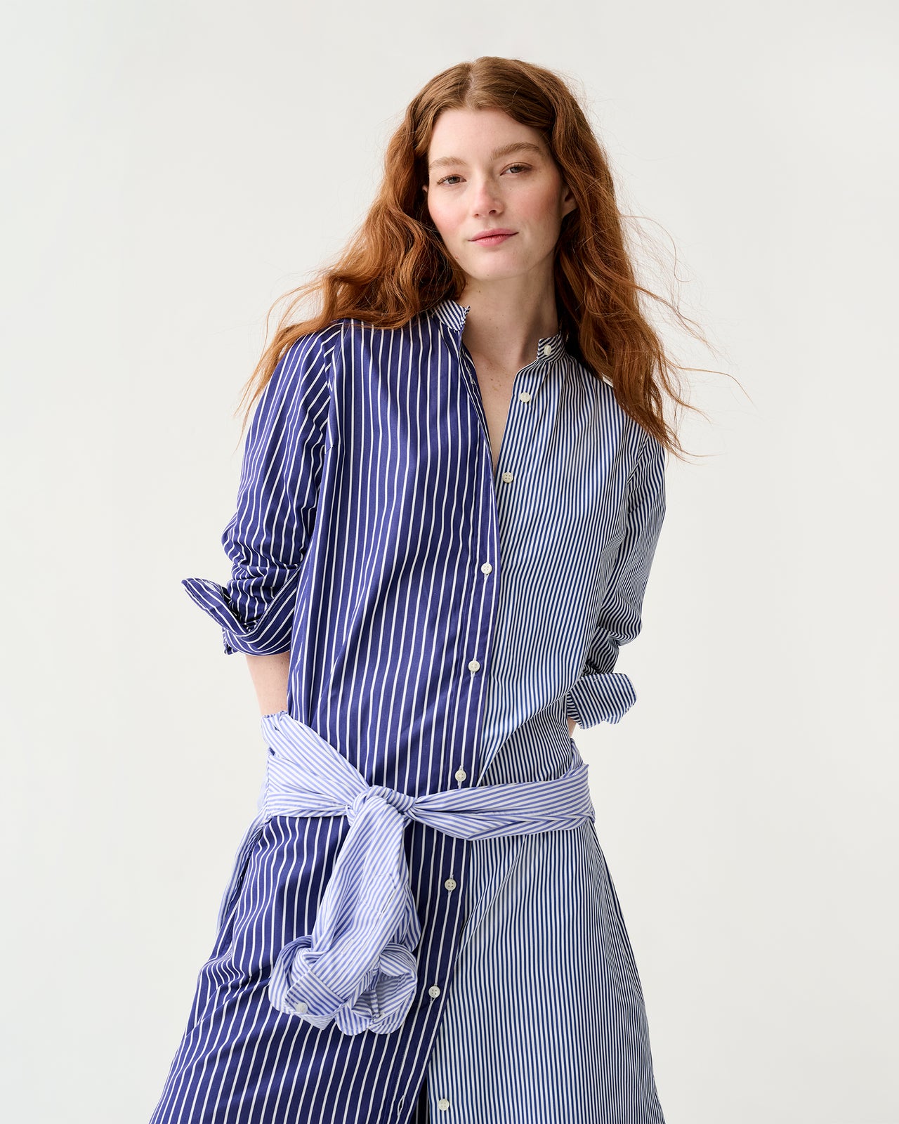 Mandarin Talitha Shirtdress in Navy/White Mixed Stripe Poplin