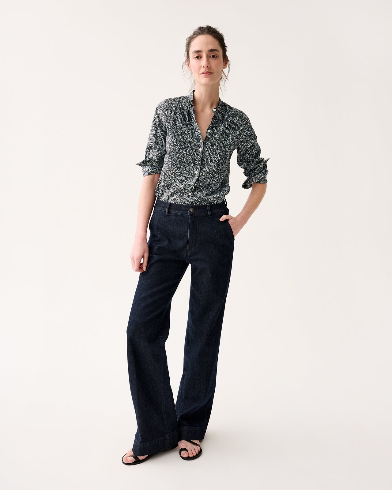 Mandarin Hattie Shirt in Navy/Green Mini Floral Printed Poplin
