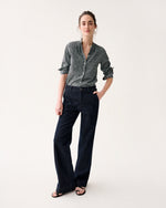 Load image into Gallery viewer, Mandarin Hattie Shirt in Navy/Green Mini Floral Printed Poplin
