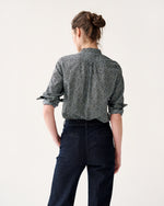 Load image into Gallery viewer, Mandarin Hattie Shirt in Navy/Green Mini Floral Printed Poplin
