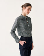 Load image into Gallery viewer, Mandarin Hattie Shirt in Navy/Green Mini Floral Printed Poplin
