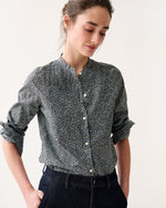 Load image into Gallery viewer, Mandarin Hattie Shirt in Navy/Green Mini Floral Printed Poplin
