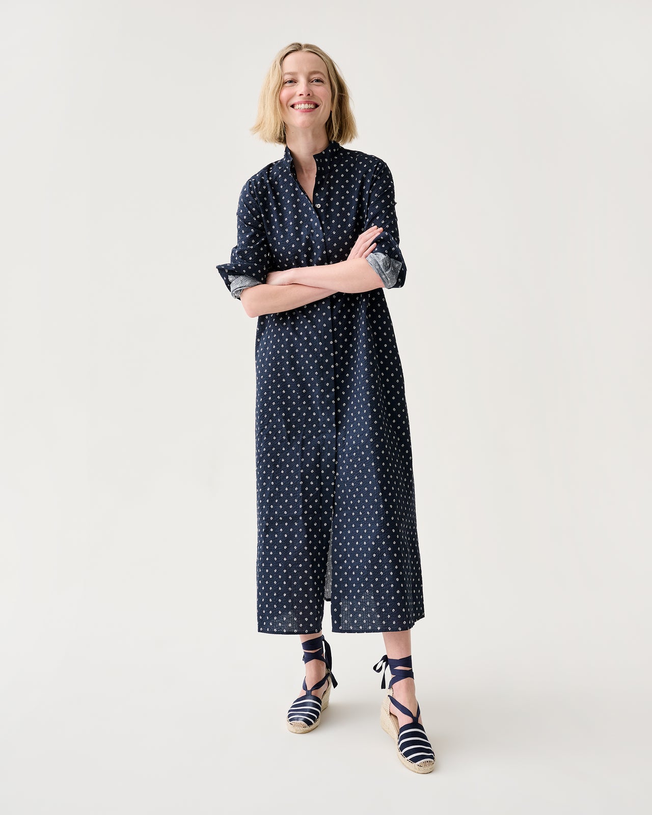 Annette Dress in Navy Leaf Printed Crinkle Cotton