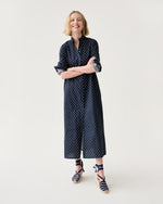 Load image into Gallery viewer, Annette Dress in Navy Leaf Printed Crinkle Cotton
