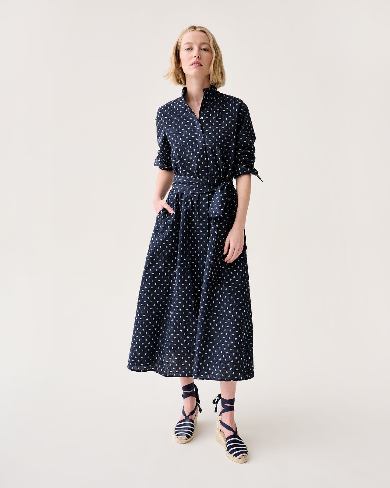 Annette Dress in Navy Leaf Printed Crinkle Cotton