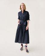 Load image into Gallery viewer, Annette Dress in Navy Leaf Printed Crinkle Cotton
